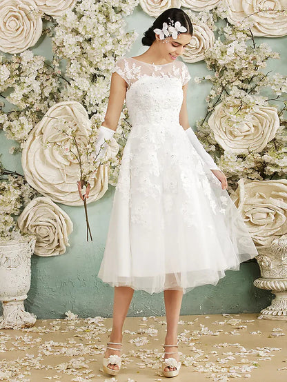 A-Line Wedding Dresses Knee Length Chiffon Sleeveless See-Through with Sequin Appliques