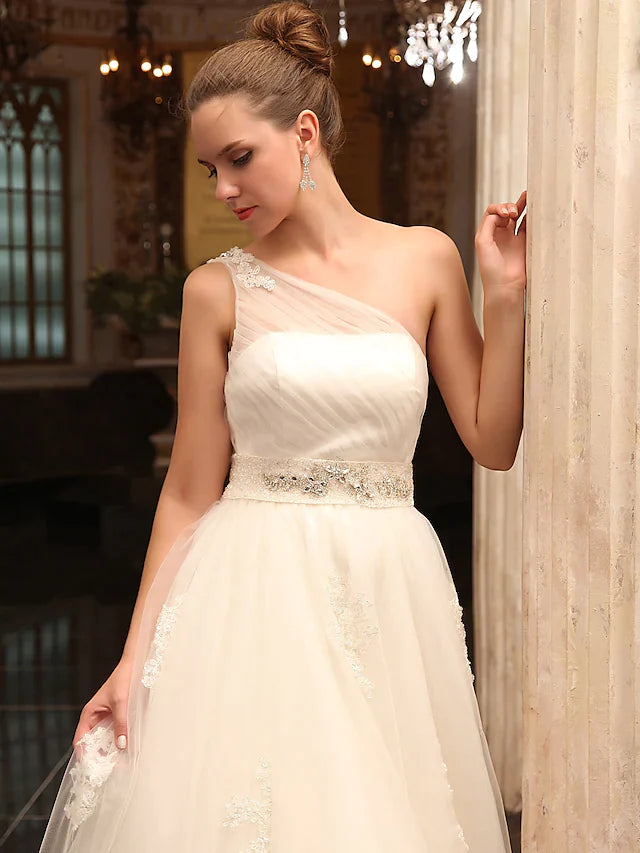 Princess A-Line Wedding Dresses One Shoulder Court Train Satin Tulle Sleeveless