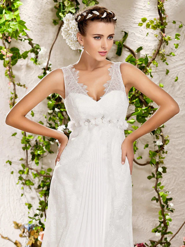 Wedding Dresses V Neck Chapel Train Lace Sleeveless