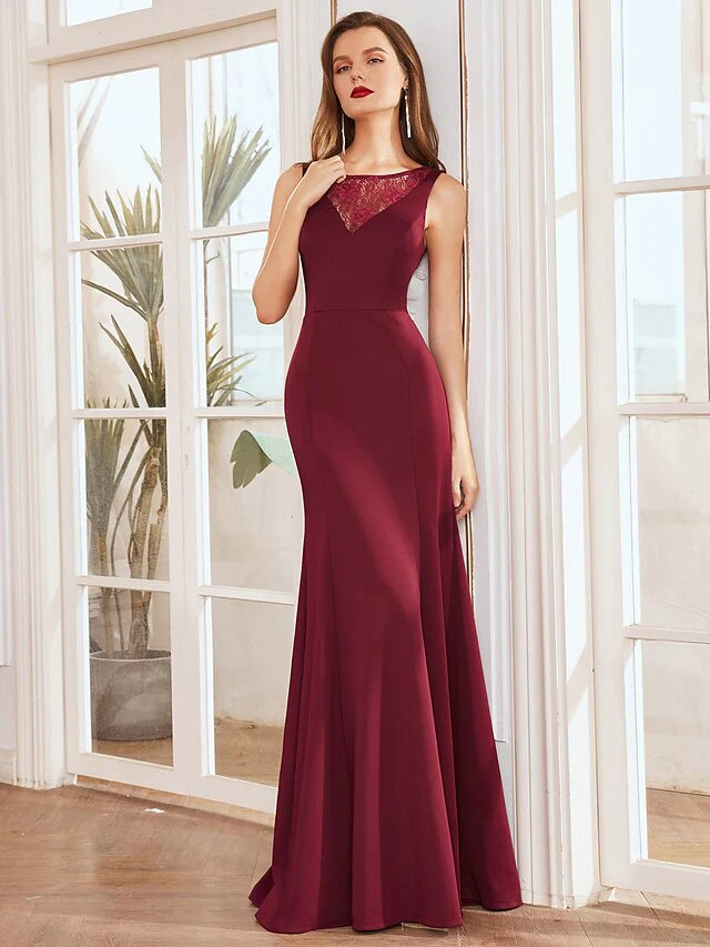 Mother of the Bride Dress Elegant V Neck Floor Length Satin Sleeveless with Lace