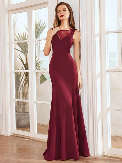 Mother of the Bride Dress Elegant V Neck Floor Length Satin Sleeveless with Lace