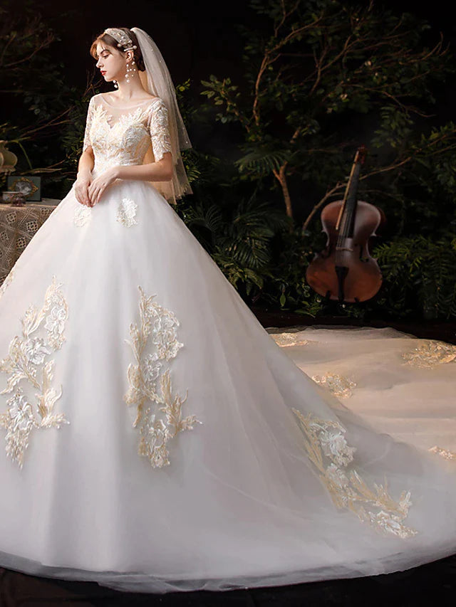 Princess Ball Gown Wedding Dresses Jewel Neck Chapel Train Lace Tulle Short Sleeve Formal Luxurious with Appliques