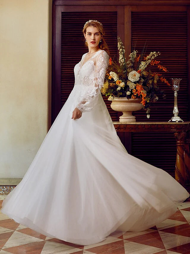 A-Line Wedding Dresses V Neck Lace Tulle Long Sleeve See-Through with Appliques