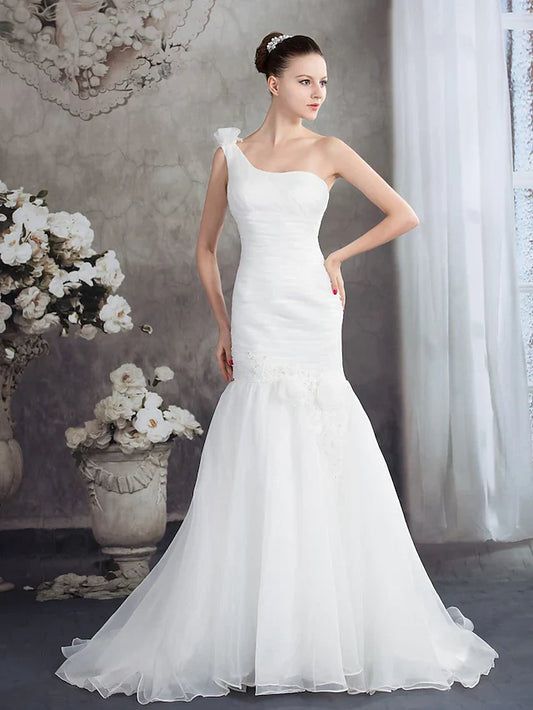 Wedding Dresses One Shoulder Court Train Organza Spaghetti Strap with Ruched Pleats Sequin Appliques