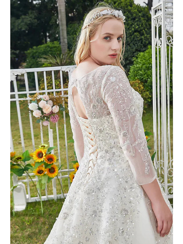 Princess Ball Gown Wedding Dresses Jewel Neck Cathedral Train Lace Tulle 3/4 Length Sleeve Formal Vintage Luxurious Sparkle & Shine Plus Size with Crystals Beading Appliques