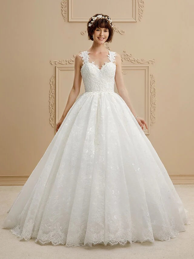 Ball Gown Wedding Dresses Sweetheart Neckline Tulle All Over Lace Regular Straps Glamorous Illusion Detail with Lace