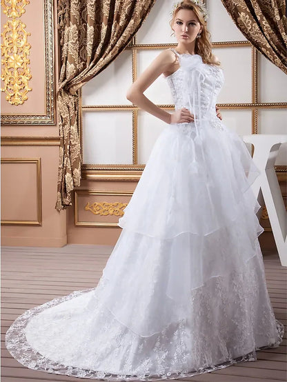 A-Line Wedding Dresses One Shoulder Court Train Lace Organza Satin Spaghetti Strap with Ruched Lace Insert Cascading Ruffles