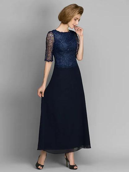 Mother of the Bride Dress See Through Jewel Neck Ankle Length Chiffon Half Sleeve with Lace Pleats