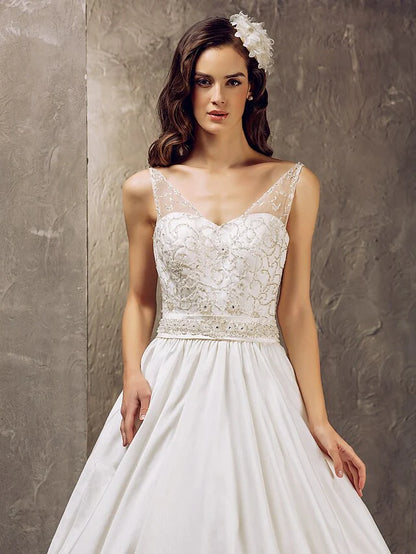 Princess A-Line Wedding Dresses V Neck Lace Taffeta Sleeveless