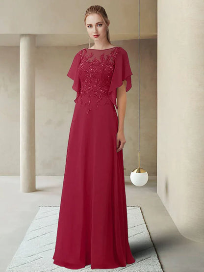 Mother of the Bride Dress Elegant Jewel Neck Floor Length Chiffon Lace Half Sleeve with Appliques