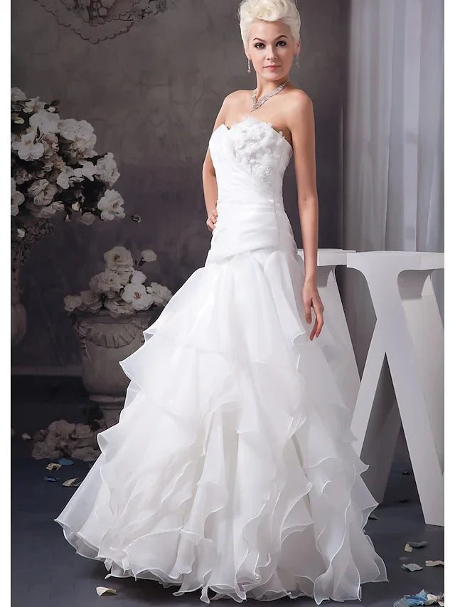 A-Line Wedding Dresses Sweetheart Neckline Floor Length Lace Organza Satin Strapless with Ruched Appliques Cascading Ruffles