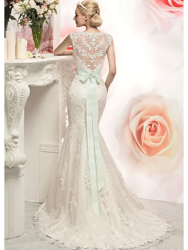 Mermaid Trumpet Wedding Dresses Jewel Neck Court Train Lace Tulle Cap Sleeve with Appliques