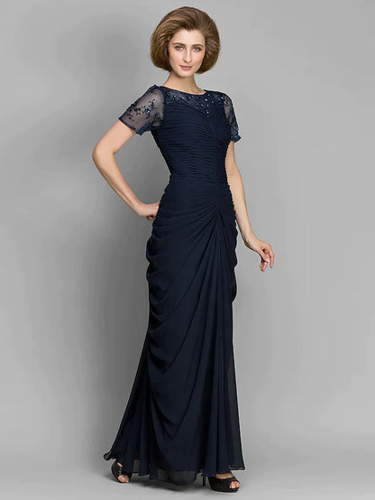 Mother of the Bride Dress Elegant Bateau Neck Floor Length Chiffon Short Sleeve with Ruched Beading