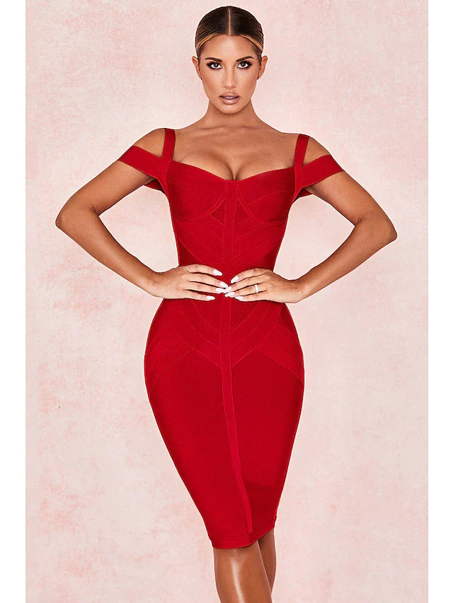 Hot Sexy Party Wear Cocktail Party Valentine's Day Dress Off Shoulder Sleeveless Knee Length Spandex with Sleek