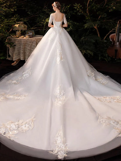 Princess Ball Gown Wedding Dresses Jewel Neck Chapel Train Lace Tulle Short Sleeve Formal Luxurious with Appliques