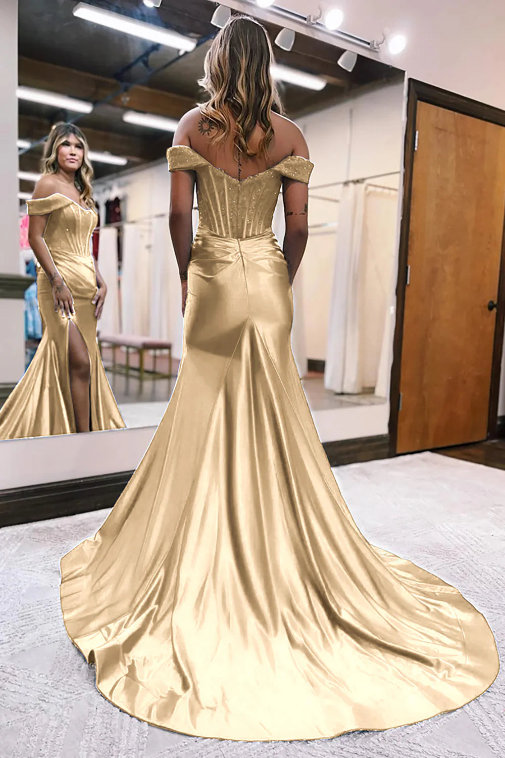Gold Mermaid Off The Shoulder Court Train Lace-Up Back Long Dress With Split