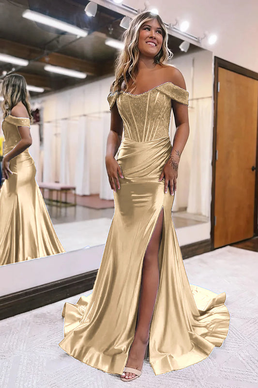 Gold Mermaid Off The Shoulder Court Train Lace-Up Back Long Dress With Split