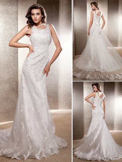 Wedding Dresses Scoop Neck Lace Tulle Sleeveless