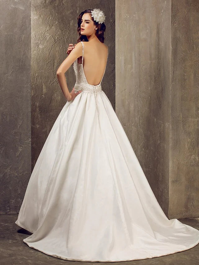 Princess A-Line Wedding Dresses V Neck Lace Taffeta Sleeveless