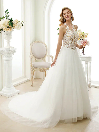 Ball Gown Wedding Dresses Jewel Neck Chapel Train Lace Tulle Lace Over Tulle Regular Straps See-Through Beautiful Back with Buttons Appliques