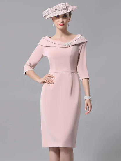 Mother of the Bride Dress Plus Size Elegant Vintage Scoop Neck Knee Length Jersey 3/4 Length Sleeve with Beading Crystal Brooch