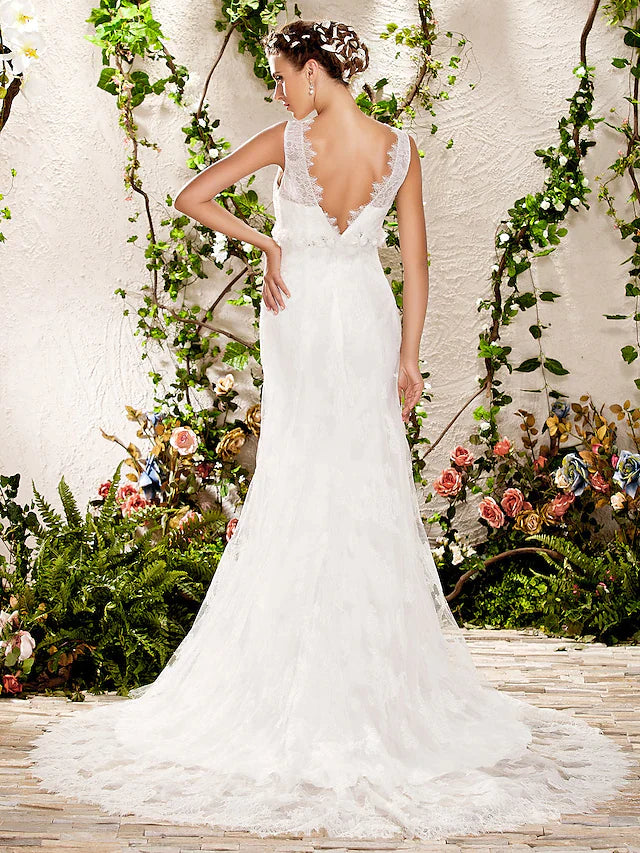 Wedding Dresses V Neck Chapel Train Lace Sleeveless