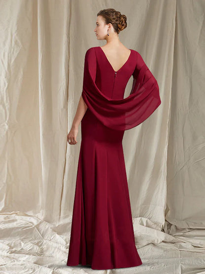 Mother of the Bride Dress Elegant Jewel Neck Floor Length Chiffon Half Sleeve with Ruched