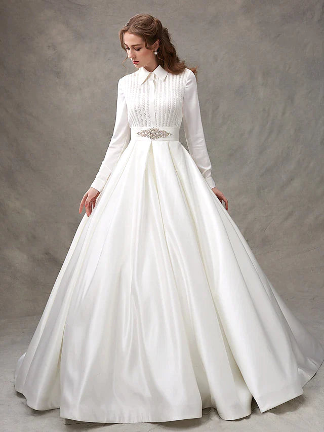 Ball Gown Wedding Dresses High Neck Satin Long Sleeve Glamorous Sparkle & Shine with Bowknot Sash Ribbon Beading