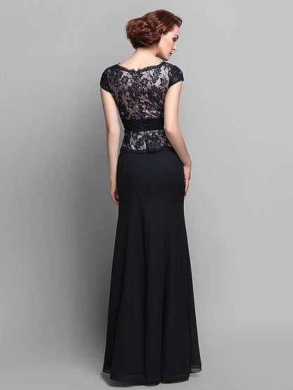 Mother of the Bride Dress Vintage Inspired V Neck Floor Length Chiffon Lace Short Sleeve with Ruched Beading