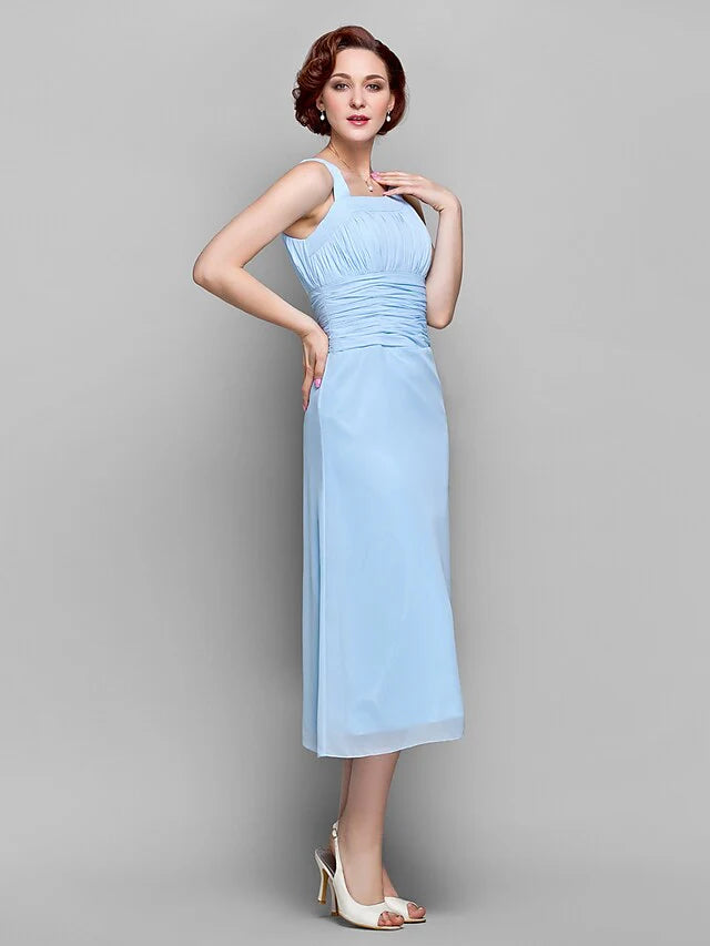 Mother of the Bride Dress Elegant Straps Tea Length Chiffon Sleeveless with Ruched Draping