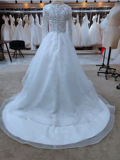 A-Line Wedding Dresses Jewel Neck Court Train Lace Tulle Long Sleeve Formal Romantic Luxurious with Appliques Cascading Ruffles