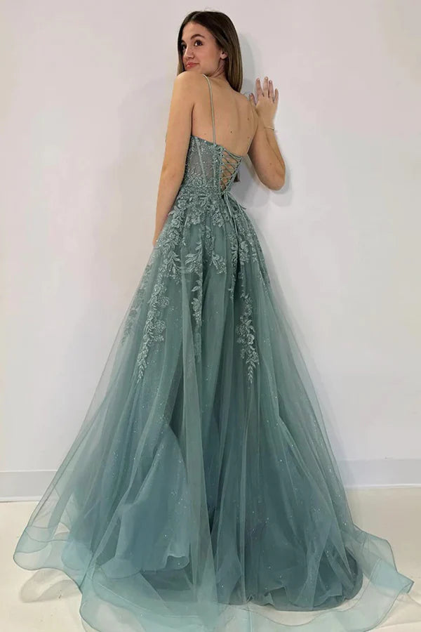 A-Line V Neck Tulle Lace Gray Green Long Prom Dress