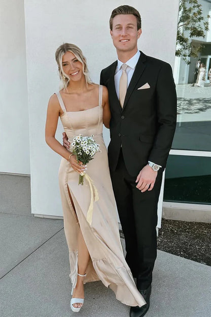 Lace Up A-Line Champagne Bridesmaid Dress with Slit