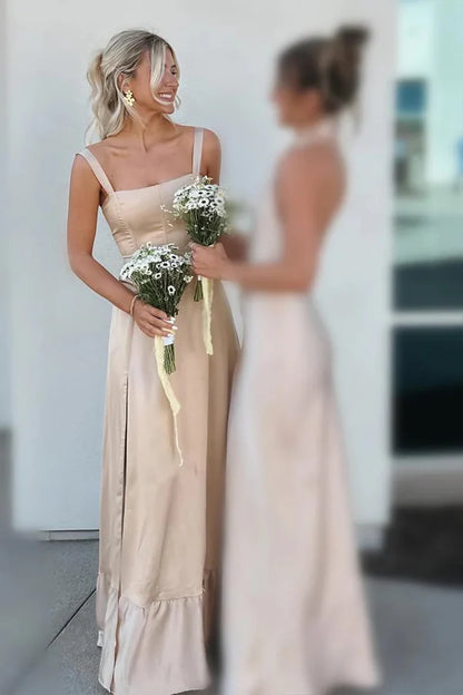 Lace Up A-Line Champagne Bridesmaid Dress with Slit