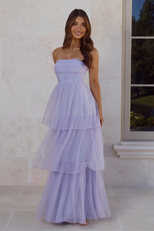Lavender Glitter Tulle Prom Dresses with Strapless Corset Bodice and Tiered Ruffle Skirt