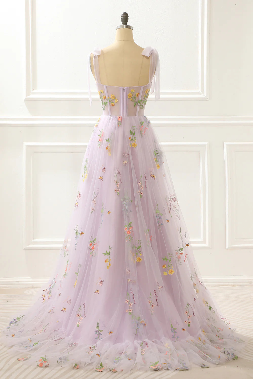 A-Line Lavender Princess Square Neck Bow Strap Prom Dress With Embroidery