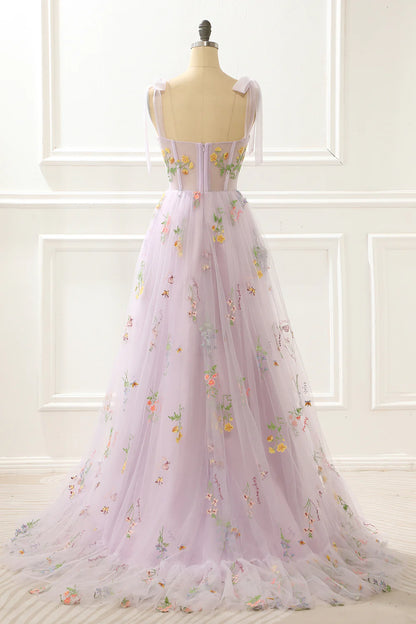 A-Line Lavender Princess Square Neck Bow Strap Prom Dress With Embroidery