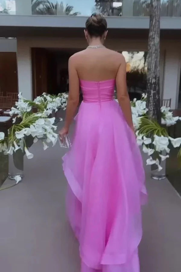 Elegant Strapless Layered Pink Prom Dresses Long Formal Gowns