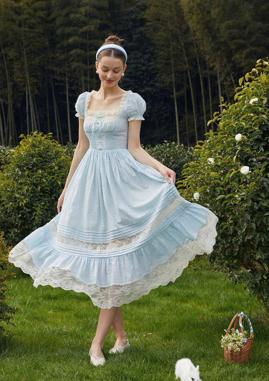 Light Blue Swiss Dot Midi Dresses with Square Neck Lace Trim Puff Sleeves Velvet Bow Smocked Waist and Tiered Lace Skirt