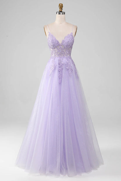 Sparkly Light Purple  V-Neck A-Line Spaghetti Straps Long Prom Dress With Beading