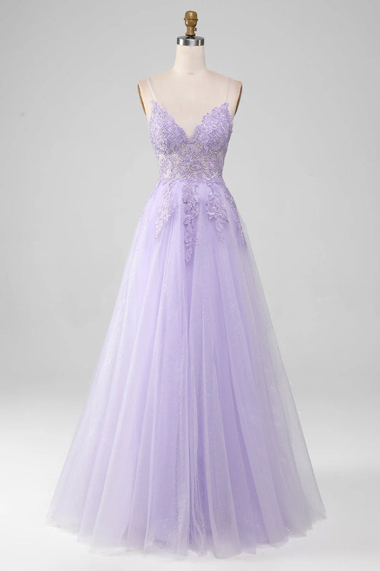 Sparkly Light Purple  V-Neck A-Line Spaghetti Straps Long Prom Dress With Beading