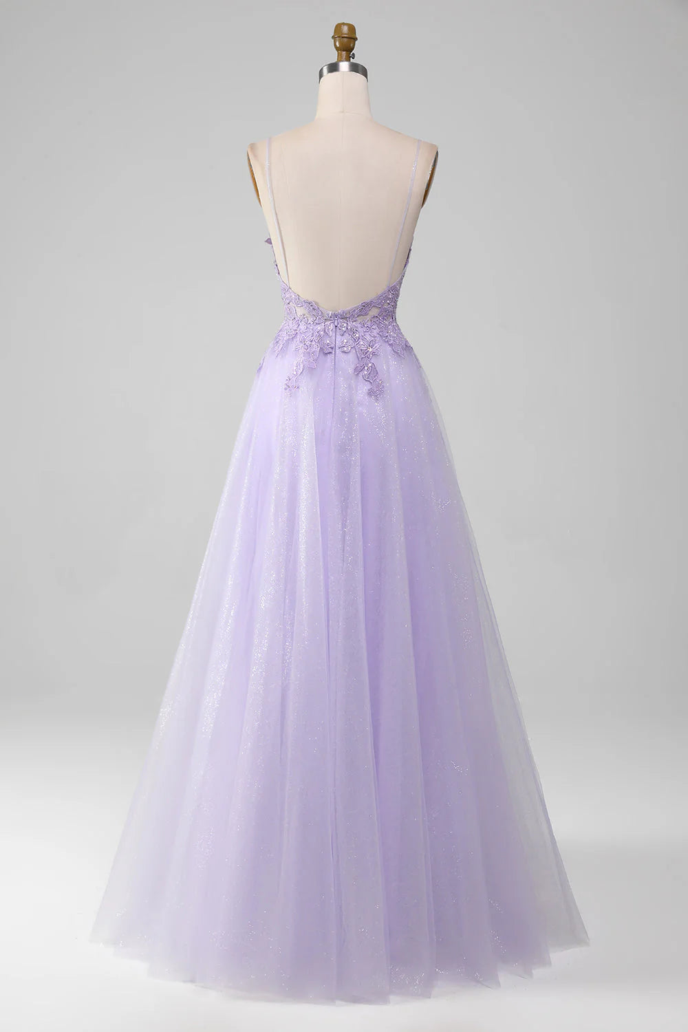 Sparkly Light Purple  V-Neck A-Line Spaghetti Straps Long Prom Dress With Beading