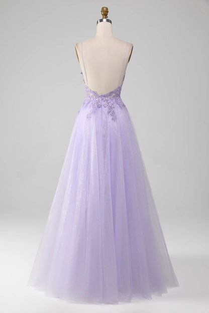 Sparkly Light Purple  V-Neck A-Line Spaghetti Straps Long Prom Dress With Beading