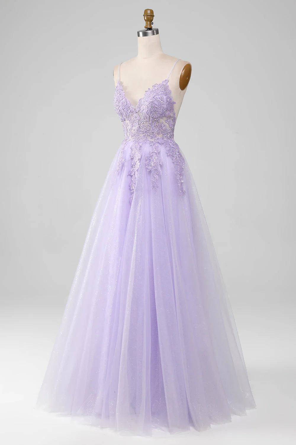 Sparkly Light Purple  V-Neck A-Line Spaghetti Straps Long Prom Dress With Beading