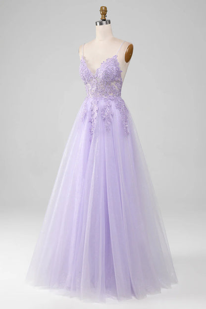 Sparkly Light Purple  V-Neck A-Line Spaghetti Straps Long Prom Dress With Beading