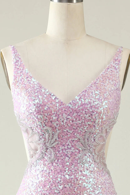 Sheath V Neck Lilac Sequins Backless Long Prom Dress With Split Front