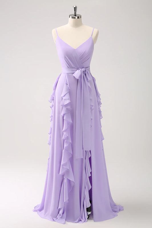 A Line Lilac V-Neck Spaghetti Straps Ruffles Long Prom Dress With Slit ﻿