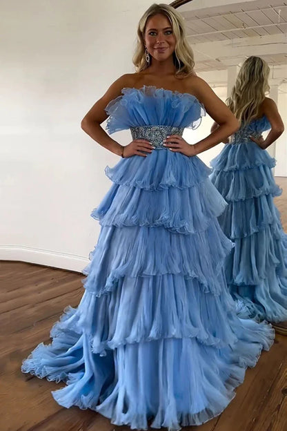 Strapless A-Line Long Tiered Prom Dress With Belt