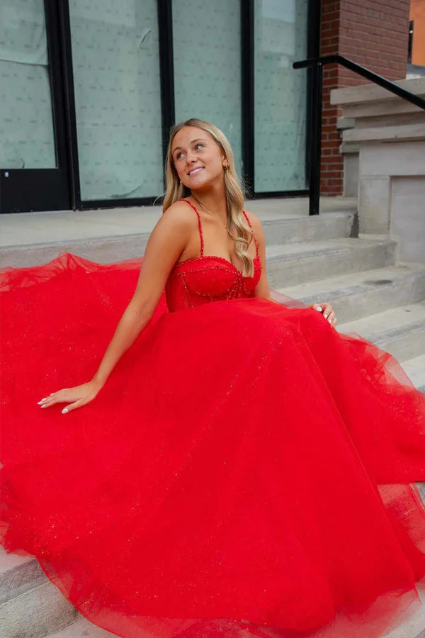 Straps Beaded A-Line Sparkly Prom Dress with Slit