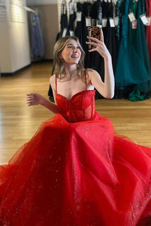 Straps Beaded A-Line Sparkly Prom Dress with Slit
